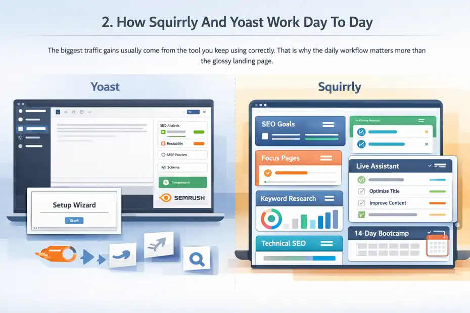 An informative illustration about How Squirrly And Yoast Work Day To Day
