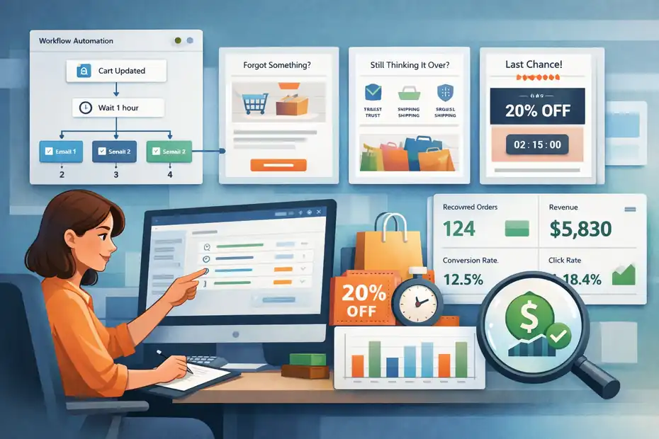 An informative illustration about How abandoned cart emails should work inside Brevo