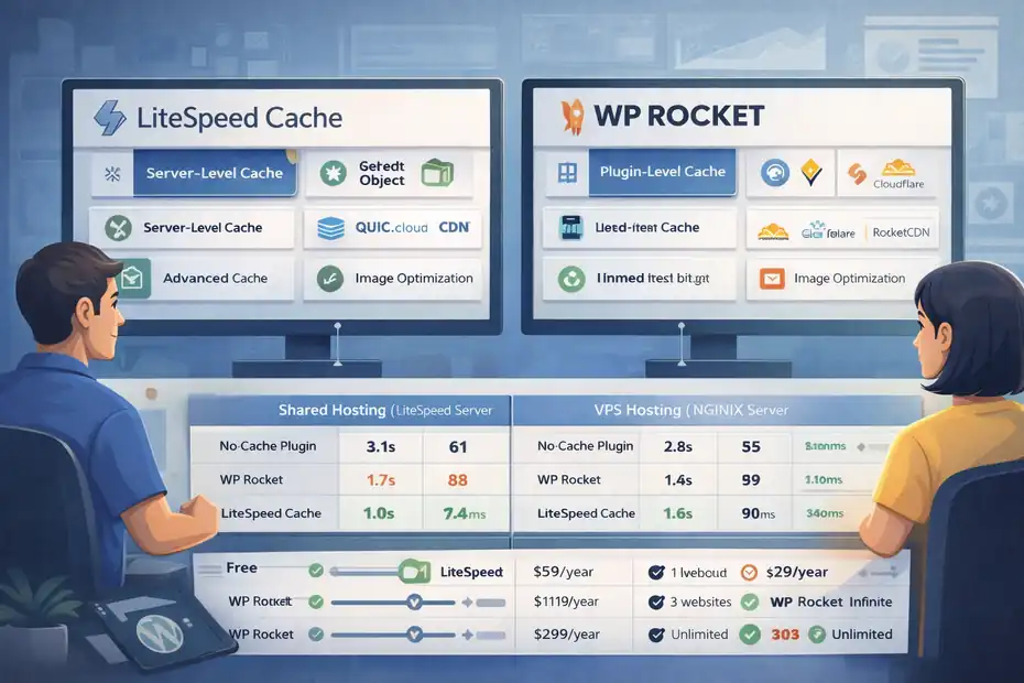 An informative illustration about LiteSpeed Cache Vs WP Rocket Feature And Speed Comparison
