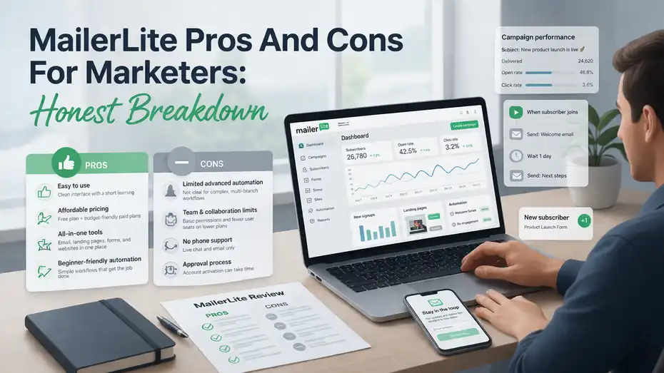 An informative illustration about MailerLite Pros And Cons For Marketers: Honest Breakdown