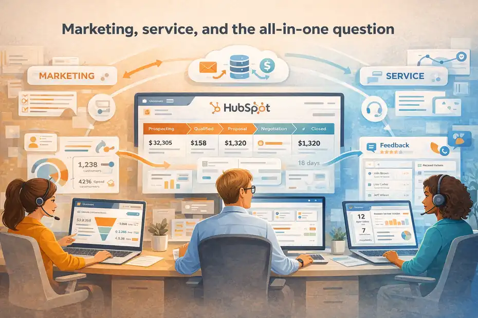 An informative illustration about Marketing, service, and the all-in-one question