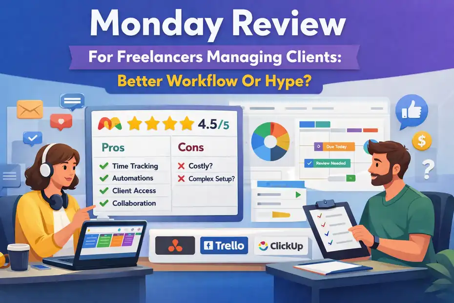 An informative illustration about Monday Review For Freelancers Managing Clients: Better Workflow Or Hype?