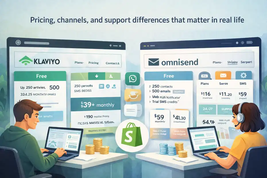 Klaviyo Vs Omnisend For Shopify: Which One Converts Better? An informative illustration about Pricing, channels, and support differences that matter in real life