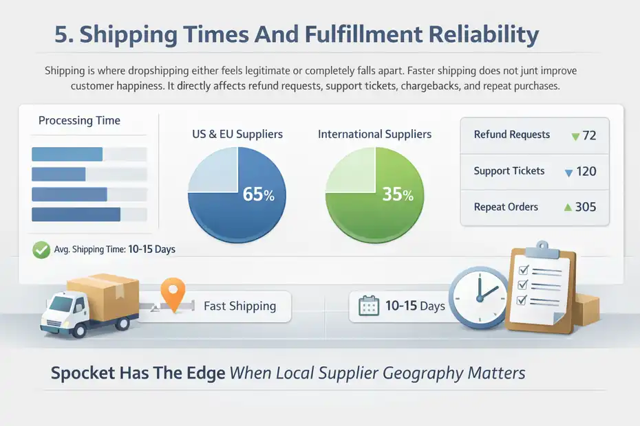 Spocket Vs Zendrop Which Is Better: Pros And Cons An informative illustration about Shipping Times And Fulfillment Reliability