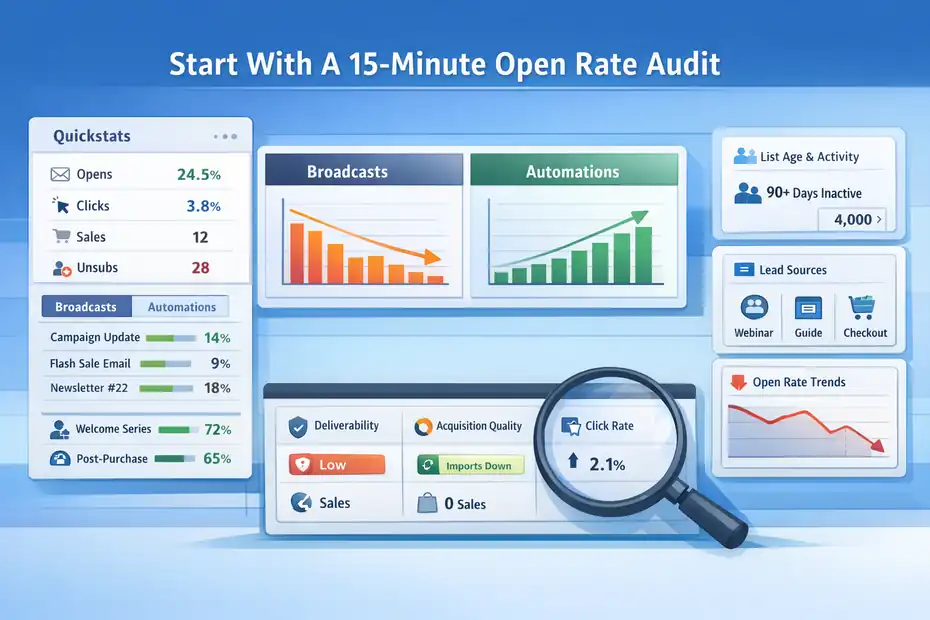 Aweber Low Email Open Rate Fix: 9 Fast Wins An informative illustration about Start With A 15-Minute Open Rate Audit