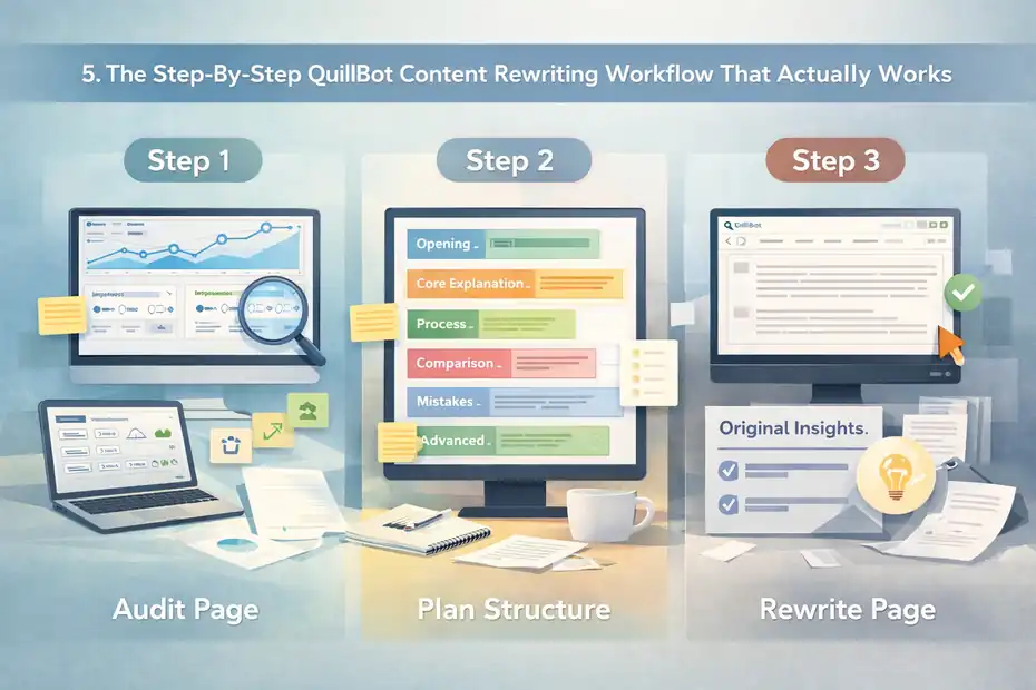 An informative illustration about The Step-By-Step QuillBot Content Rewriting Workflow That Actually Works