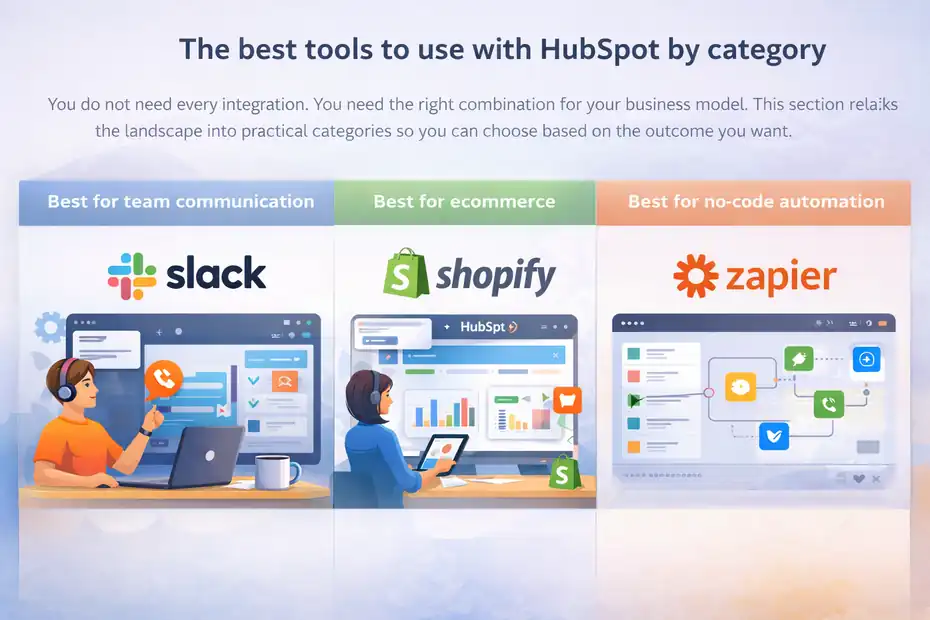An informative illustration about The best tools to use with HubSpot by category