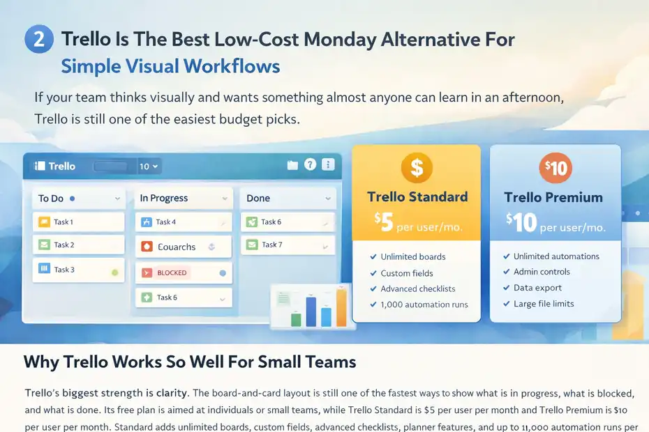 7 Monday Alternatives For Small Teams On A Budget That Save Money An informative illustration about Trello Is The Best Low-Cost Monday Alternative For Simple Visual Workflows