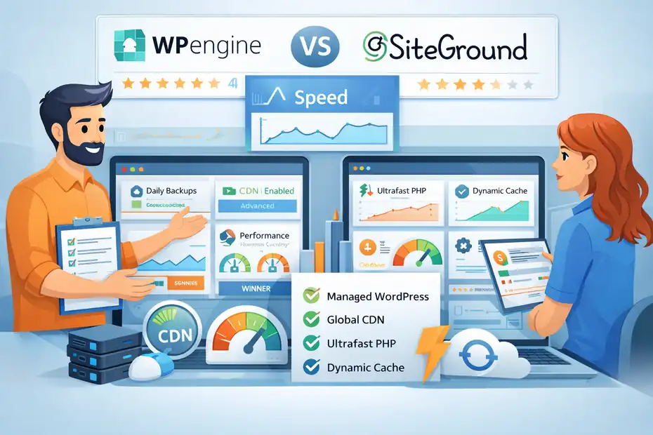 An informative illustration about WP Engine Vs SiteGround Comparison: Speed And Uptime
