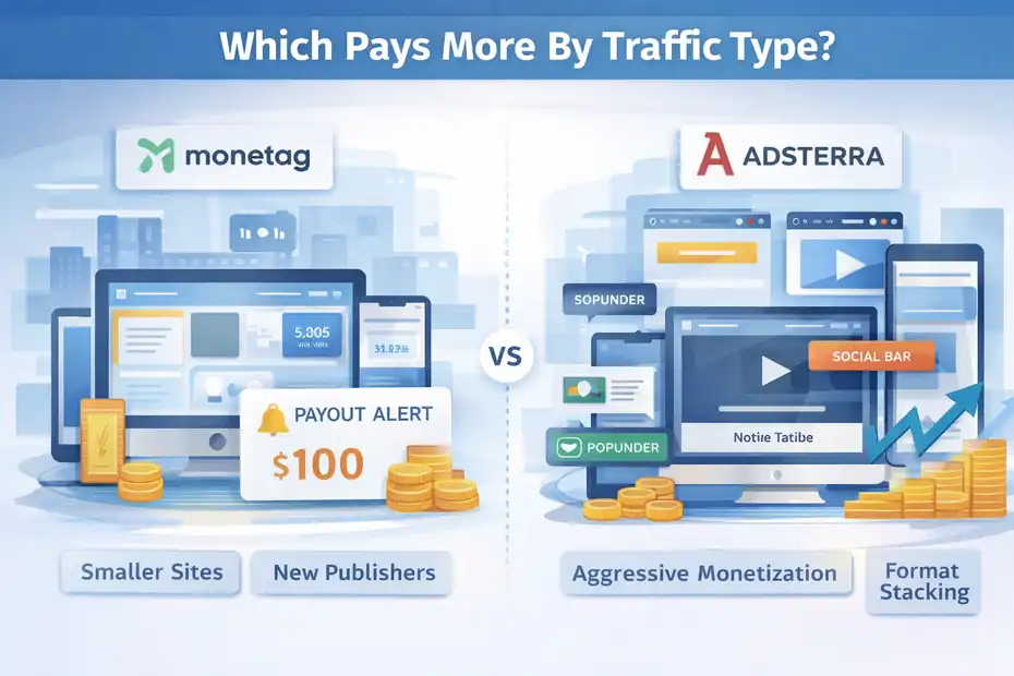 Adsterra Vs Monetag Comparison: Which Pays More? An informative illustration about Which Pays More By Traffic Type?