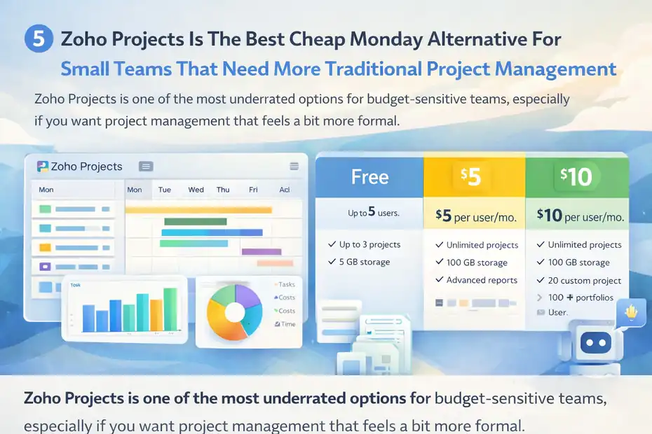 7 Monday Alternatives For Small Teams On A Budget That Save Money An informative illustration about Zoho Projects Is The Best Cheap Monday Alternative For Small Teams That Need More Traditional Project Management