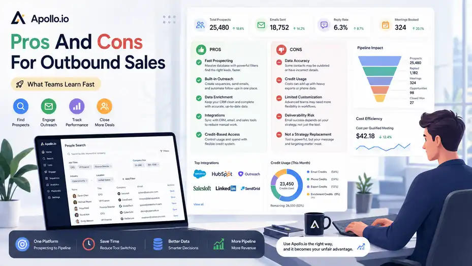 An informative illustration about Apollo IO Pros And Cons For Outbound Sales: What Teams Learn Fast