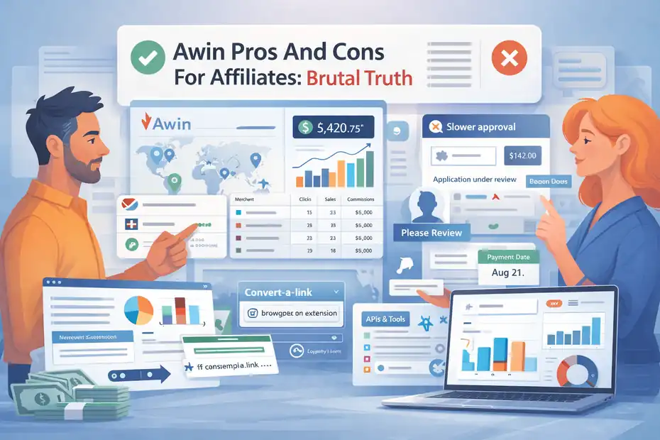 An informative illustration about Awin Pros And Cons For Affiliates: Brutal Truth