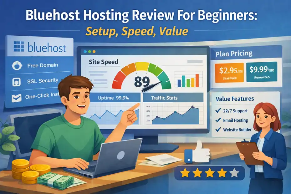 An informative illustration about Bluehost Hosting Review For Beginners: Setup, Speed, Value