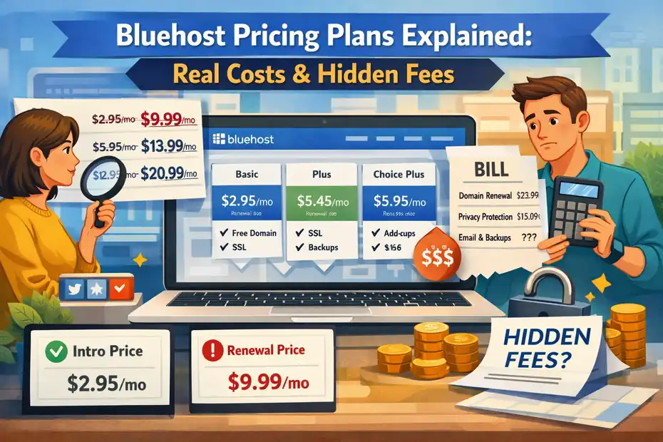 An informative illustration about Bluehost Pricing Plans Explained: Real Costs And Hidden Fees