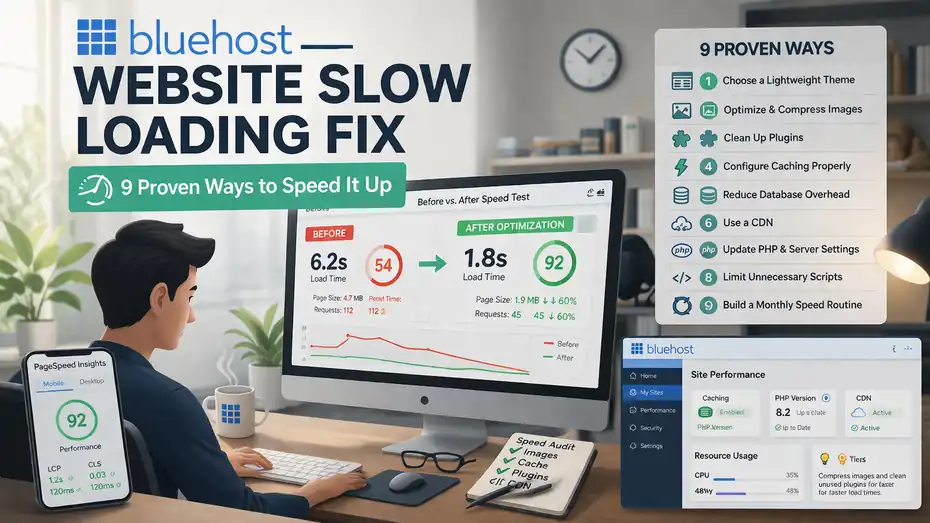 An informative illustration about Bluehost Website Slow Loading Fix: 9 Proven Ways To Speed It Up