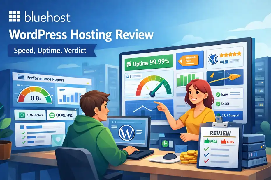 An informative illustration about Bluehost WordPress Hosting Review: Speed, Uptime, Verdict