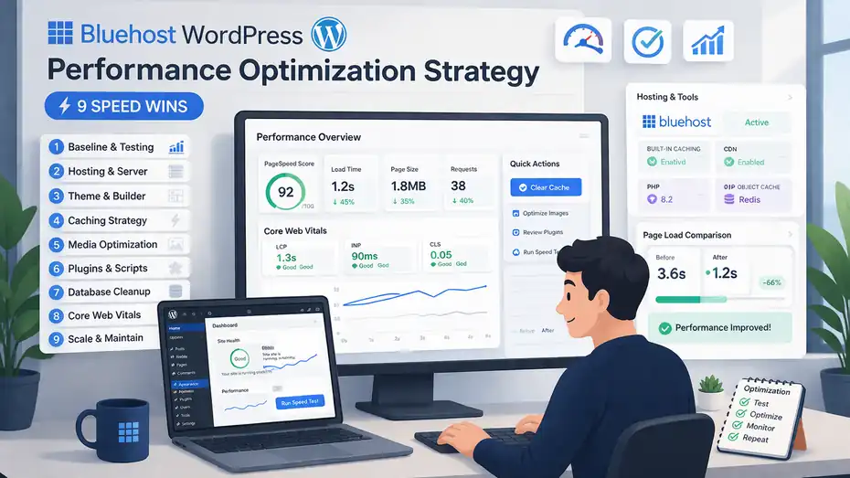 An informative illustration about Bluehost WordPress Performance Optimization Strategy: 9 Speed Wins