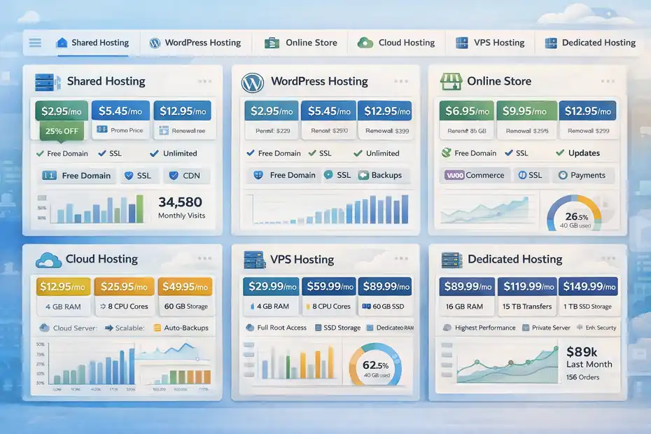 Bluehost Pricing Plans Explained: Real Costs And Hidden Fees An informative illustration about
Bluehost’s Main Hosting Plan Types