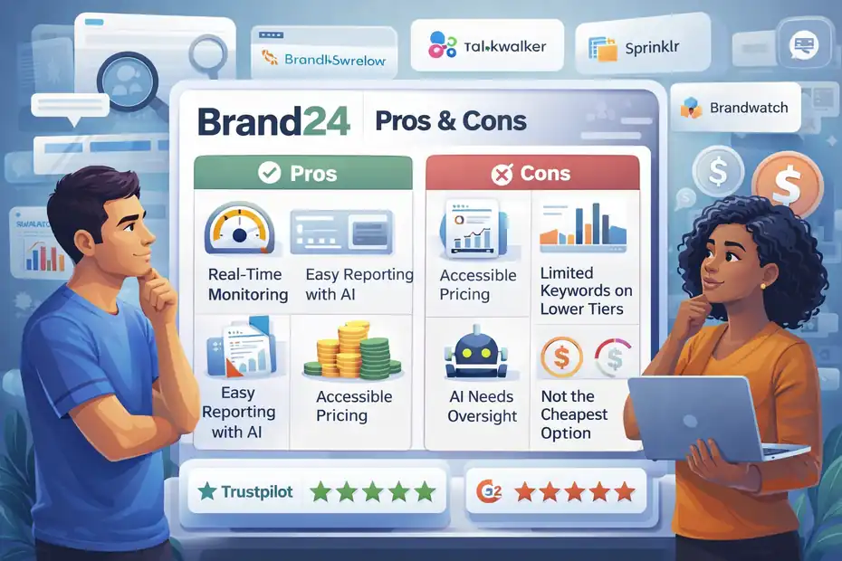 An informative illustration about Brand24 Pros And Cons For Businesses: Honest Breakdown