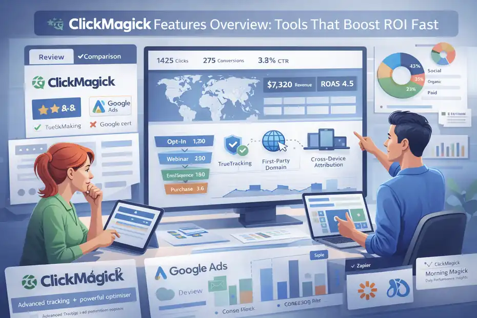 An informative illustration about ClickMagick Features Overview: Tools That Boost ROI Fast
