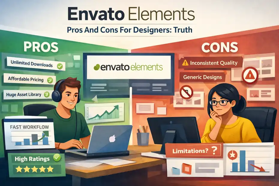 An informative illustration about Envato Elements Pros And Cons For Designers: Truth