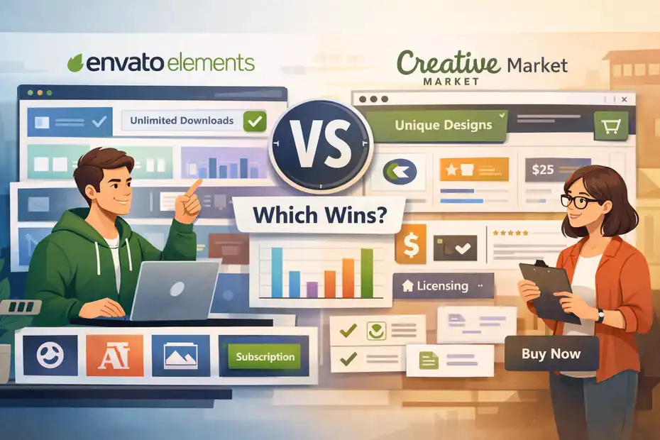 An informative illustration about Envato Elements Vs Creative Market Comparison: Which Wins?