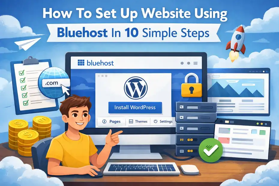 An informative illustration about How To Set Up Website Using Bluehost In 10 Simple Steps