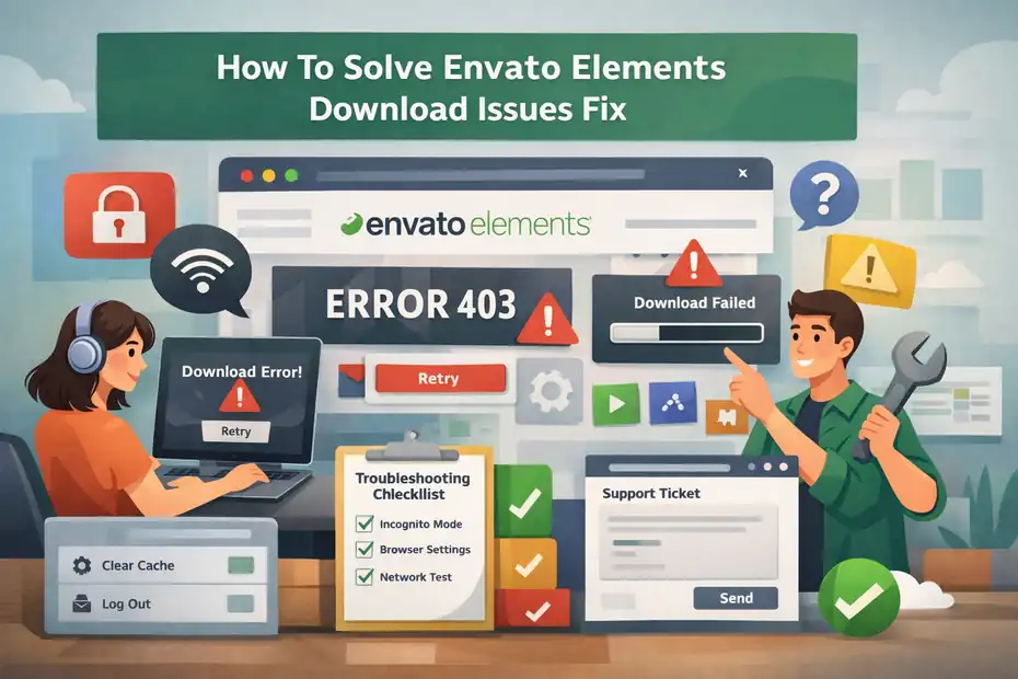 An informative illustration about How To Solve Envato Elements Download Issues Fix