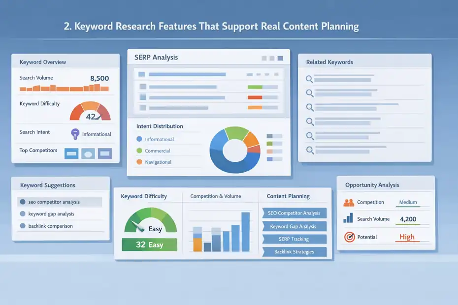 Serpstat Features Overview: Tools That Actually Help An informative illustration about
Keyword Research Features That Support Real Content Planning