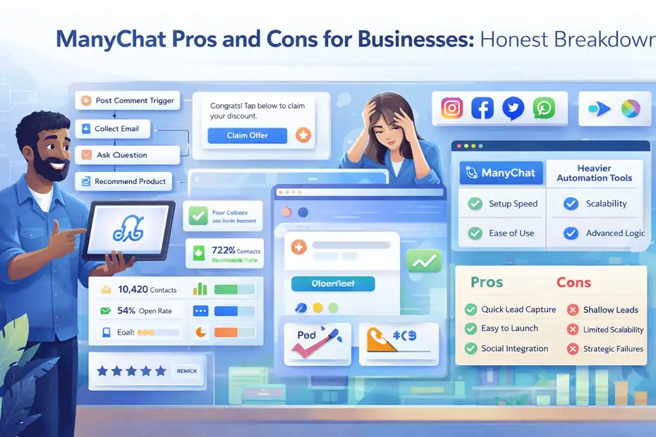 An informative illustration about ManyChat Pros and Cons for Businesses Honest Breakdown