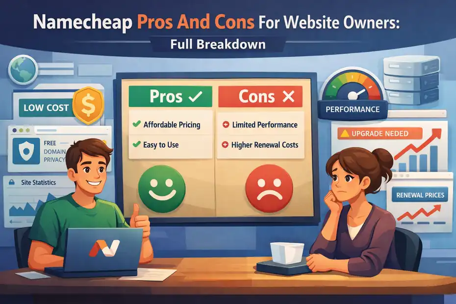 An informative illustration about Namecheap Pros And Cons For Website Owners: Full Breakdown