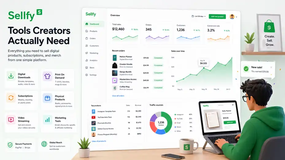 An informative illustration about Sellfy Features Overview: Tools Creators Actually Need