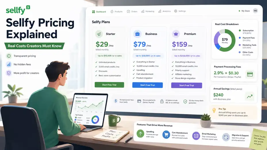 An informative illustration about Sellfy Pricing Explained: Real Costs Creators Must Know