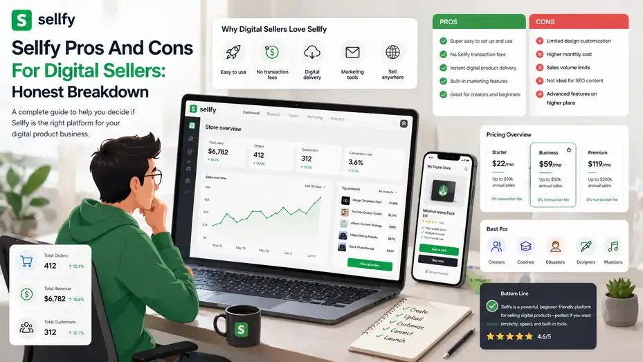 An informative illustration about Sellfy Pros And Cons For Digital Sellers: Honest Breakdown