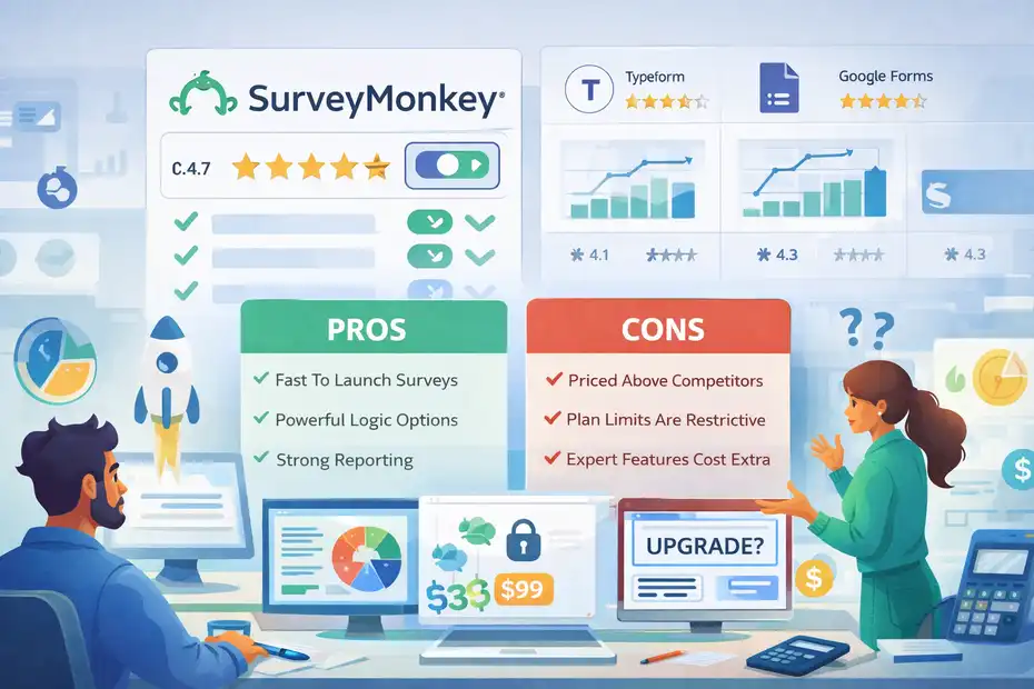 An informative illustration about SurveyMonkey Pros And Cons For Freelancers: Smart Tool Or Overpriced?