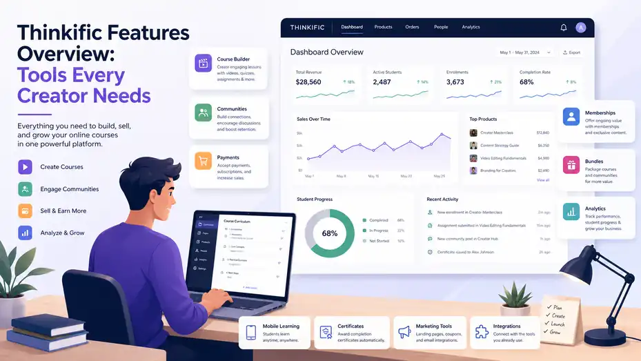 An informative illustration about Thinkific Features Overview: Tools Every Creator Needs