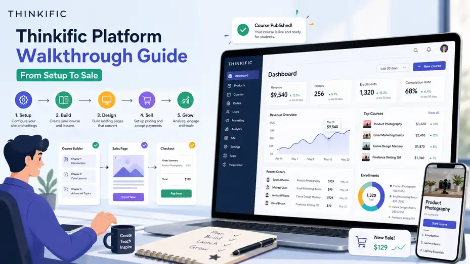 An informative illustration about Thinkific Platform Walkthrough Guide: From Setup To Sale
