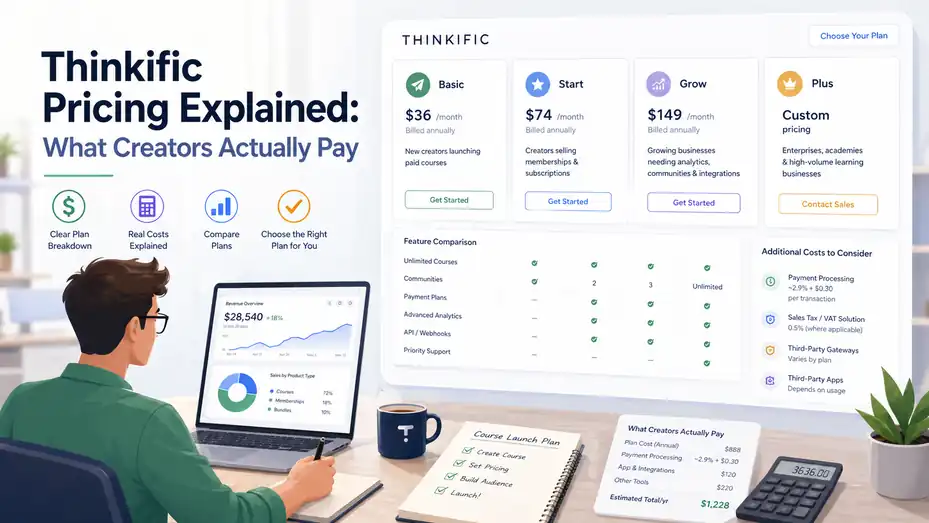 An informative illustration about Thinkific Pricing Explained: What Creators Actually Pay