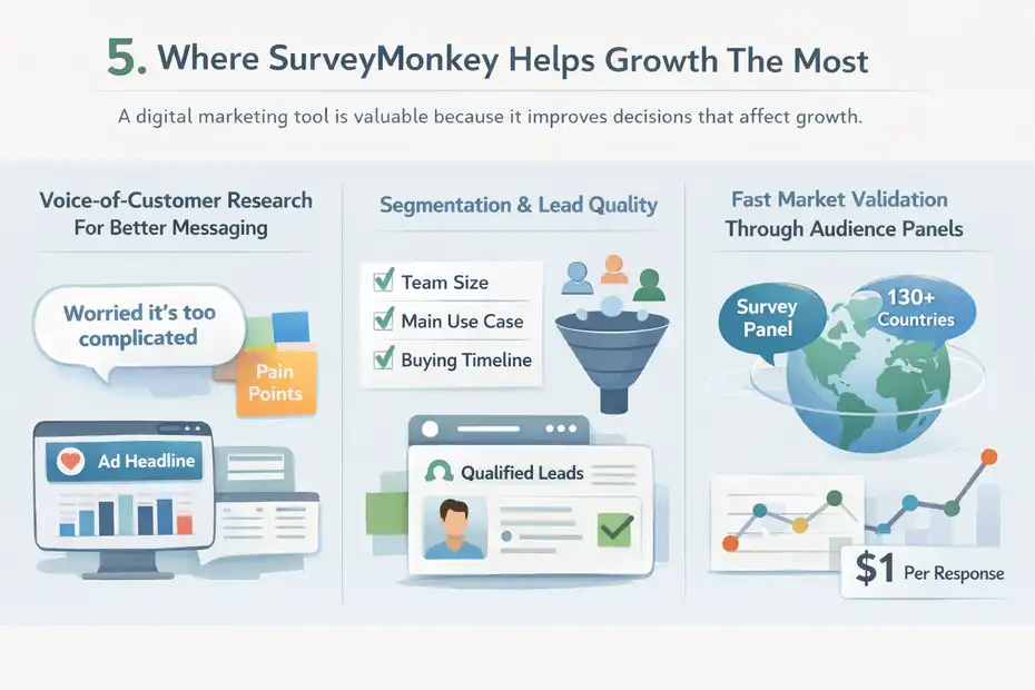 SurveyMonkey Review For Digital Marketers: Growth Tool Or Just Data? An informative illustration about
Where SurveyMonkey Helps Growth The Most