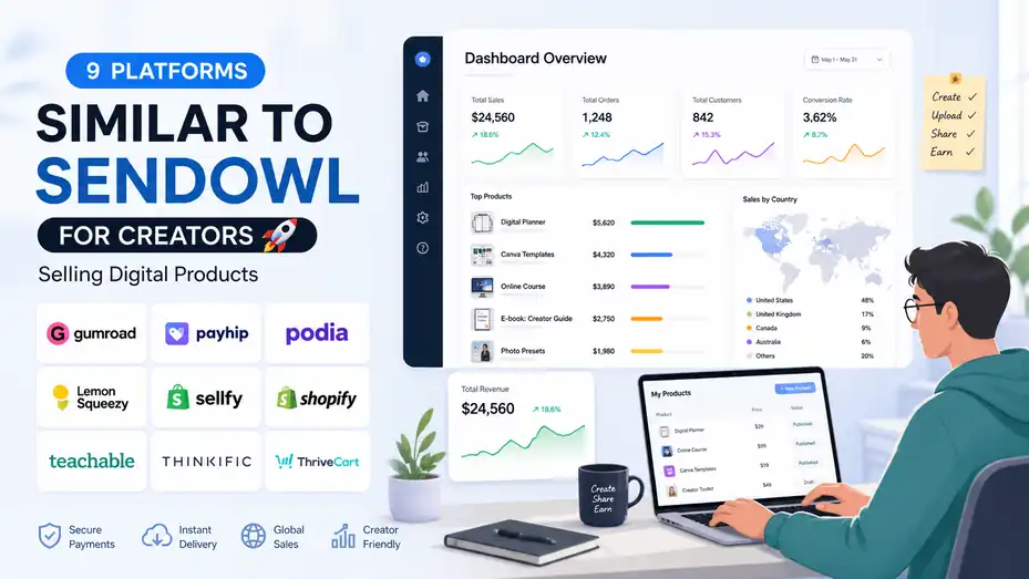 An informative illustration about 9 Platforms Similar To SendOwl For Creators Selling Digital Products