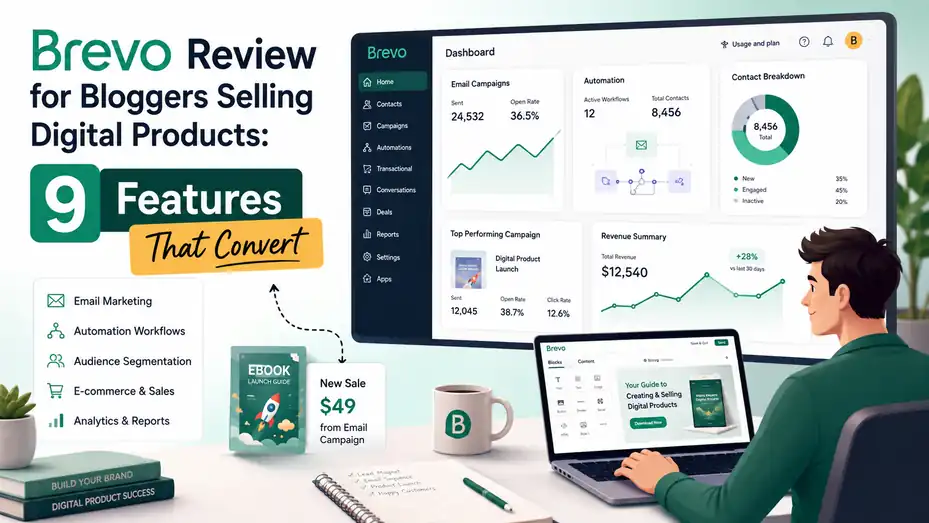 An informative illustration about Brevo Review for Bloggers Selling Digital Products: 9 Features That Convert