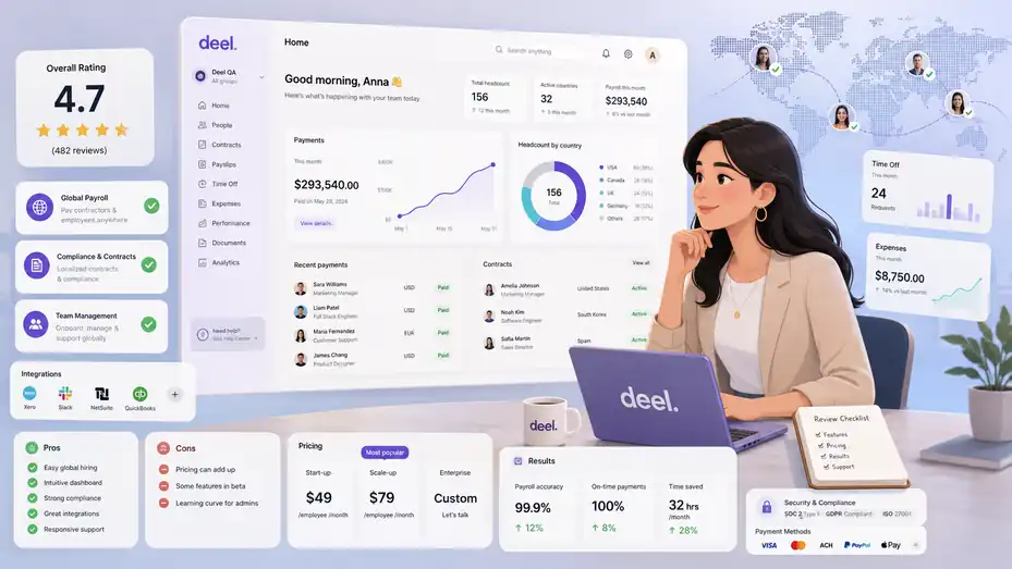 An informative illustration about Deel Review For Remote Teams: Honest Pros, Costs, Results