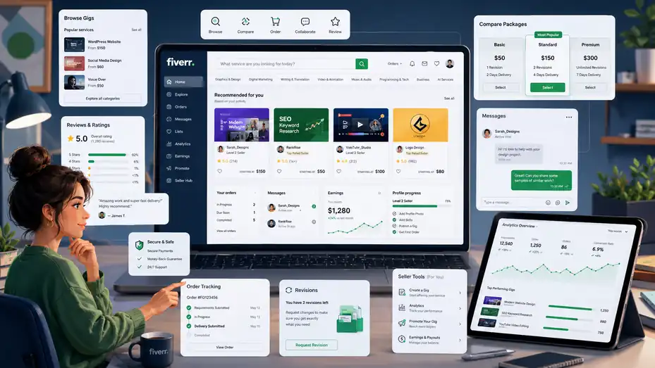 An informative illustration about Fiverr Features Overview For Beginners: What You Get
