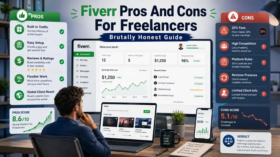 An informative illustration about Fiverr Pros And Cons For Freelancers: Brutally Honest Guide