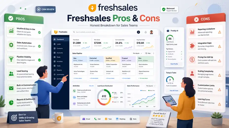 An informative illustration about Freshsales Pros And Cons For Sales Teams: Honest Breakdown
