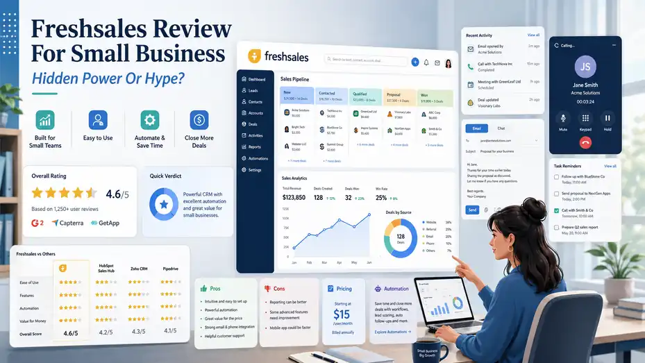 An informative illustration about Freshsales Review For Small Business Hidden Power Or Hype