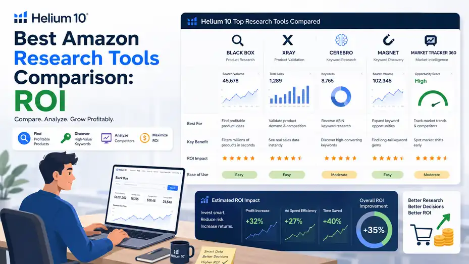 An informative illustration about Helium 10 Best Amazon Research Tools Comparison: ROI