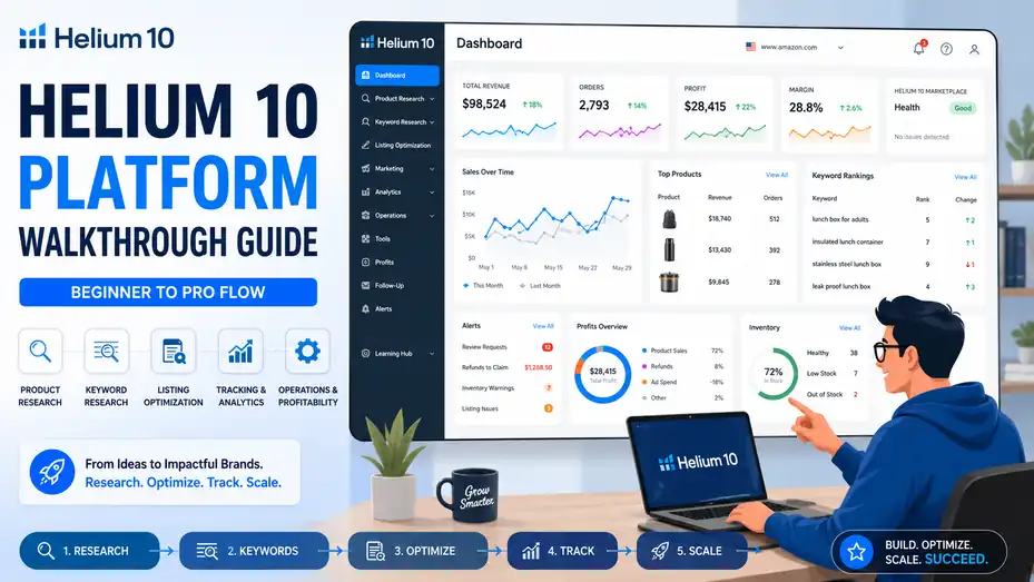 An informative illustration about Helium 10 Platform Walkthrough Guide: Beginner To Pro Flow