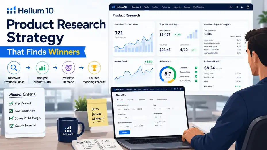 An informative illustration about Helium 10 Product Research Strategy That Finds Winners